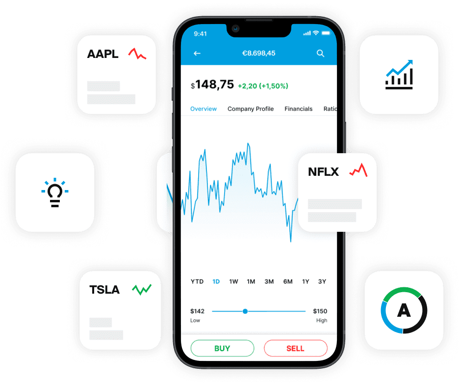 Смартфон, показващ графика на акции в приложението EXDEGIRO с икони на AAPL, TSLA и NFLX около него